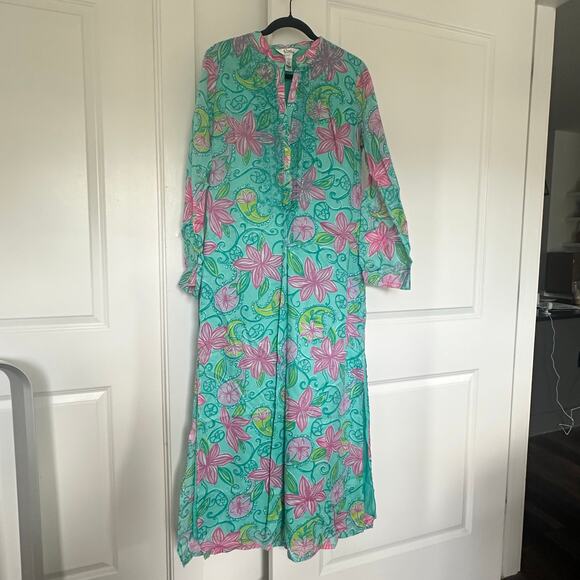 Lilly Pulitzer Dresses & Skirts - Vintage Lilly Pulitzer (M) Teal Kaftan Maxi Dress / Resortcore Coverup Preppy